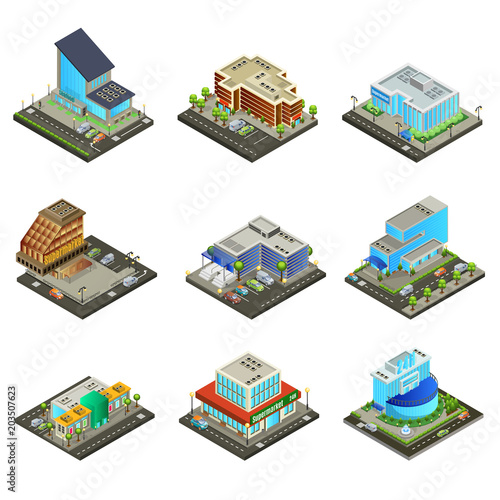 Isometric Modern Supermarket Buildings Set
