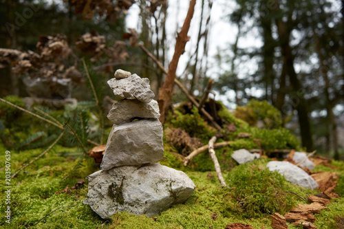 Limestone Cairn Arranged On Lichen