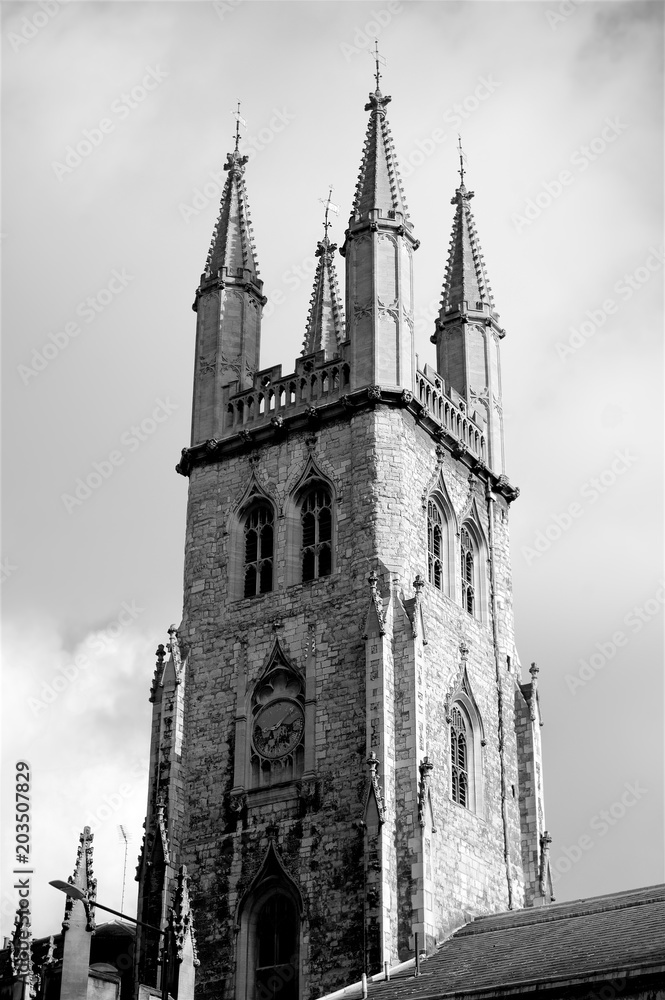 English Church tower black and white