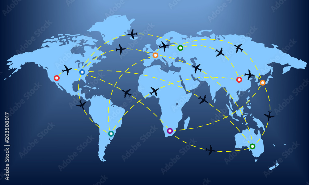 Plane routes over world map with markers or map pointers. Travel by airplane  concept. Flight path. Vector illustration. Stock ベクター | Adobe Stock