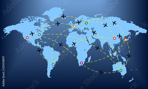 Plane routes over world map with markers or map pointers. Travel by airplane concept. Flight path. Vector illustration.
