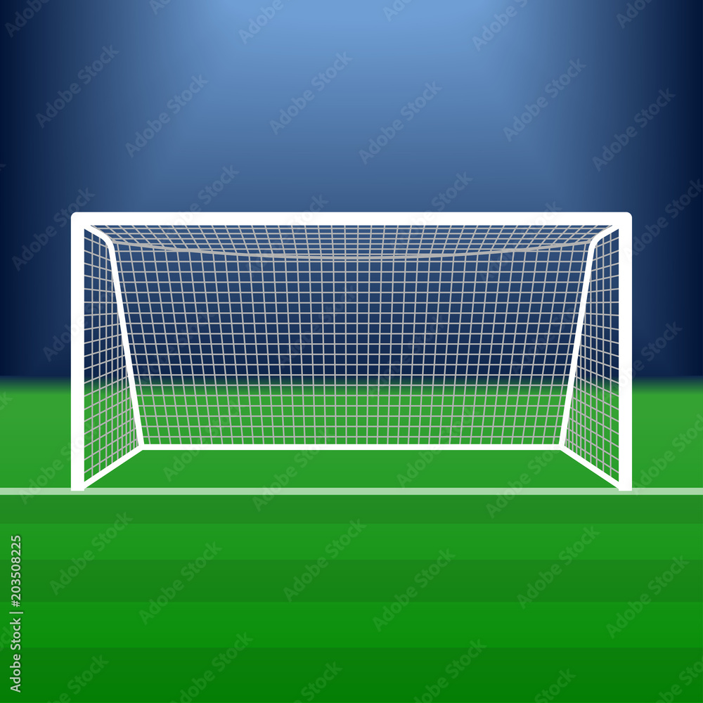 Soccer goal on the stadium. Football post or gate with net. Vector