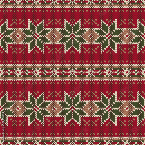 Winter Holiday Seamless Knitted Pattern with Snowflakes. Wool Knitting Sweater Design