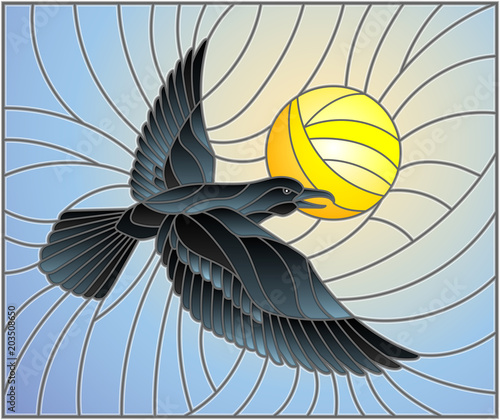 Illustration in stained glass style raven on the background of sky, and sun