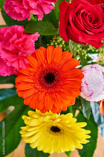 Colourful Bouquet Of Red Roses and Orange Yellow Gerbera