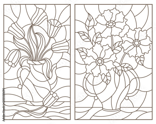 Set of contour stained glass illustrations, bouquets of flowers in vases, dark contours on a white background