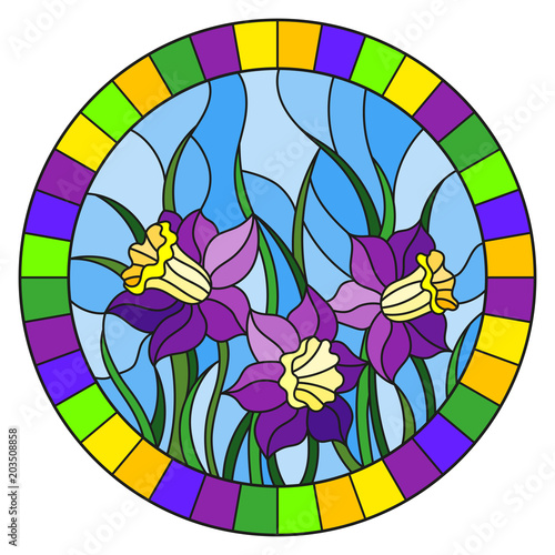Illustration in stained glass style with a bouquet of purple and yellow daffodils on a blue background, in bright frame round image