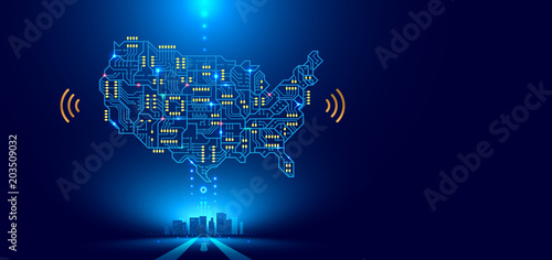 Abstract communication network map USA or America as a printed circuit Board. Smart city connected with country. Technology concepts