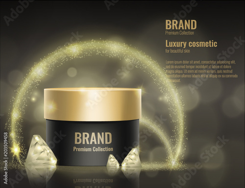 Cosmetic cream realistic template product package gold vector 3d mock up diamond advertising illustration.