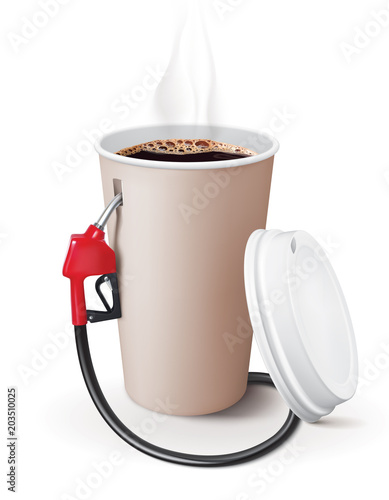 Paper cup of coffee with dispenser. Metaphor coffee is power for people. Creative vector 3d illustration