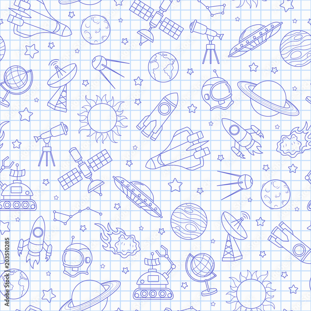 Seamless pattern on the theme of space and space flight, blue  contour  icons on the clean writing-book sheet in a cage