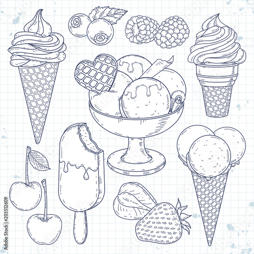 Ice cream set. Hand drawn illustrations, ice cream in a waffle cup and different berries