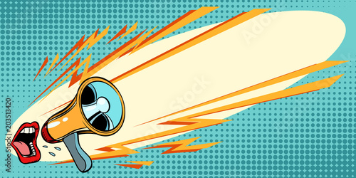 Mouth screaming into a megaphone. Pop art background