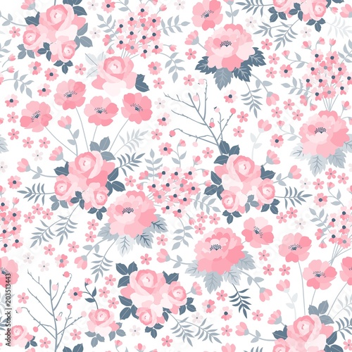 Tender seamless pattern with pink flowers on white background. Ditsy floral illustration. Print for fabric, wrapping paper, wallpaper, bedding in vector.