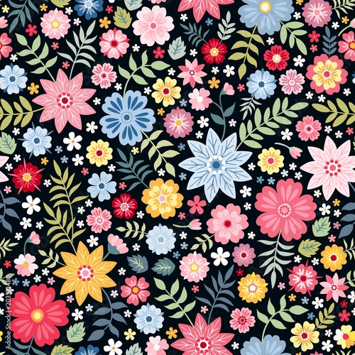 Seamless ditsy floral pattern with fantasy little flowers and leaves in folk style. Vector illustration. Print for fabric, paper, wallpaper, wrapping design.