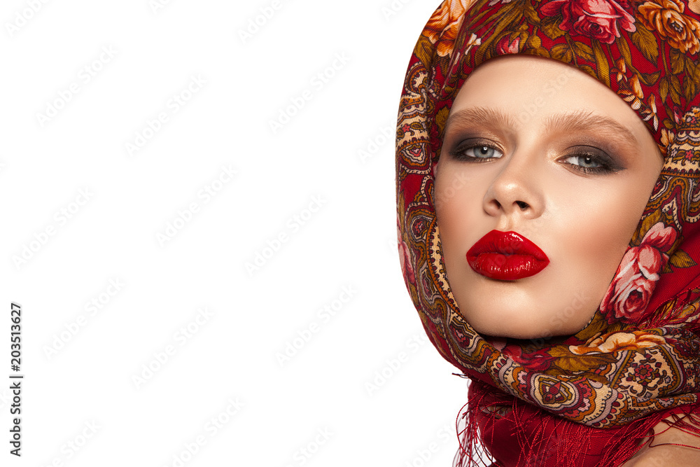 ..Beautiful young girl portrait, bright make-up and luscious lips, white background. ..Beautiful young girl portrait, bright make-up and luscious lips, white background.