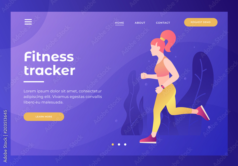 Header for website with picture of athletic girl on run with tracker. Cardio exercises. Fitness and workout on outdoors. Concept of healthy lifestyle. Design for landing page. Vector illustration. Header for website with picture of athletic girl on run with tracker. Cardio exercises. Fitness and workout on outdoors. Concept of healthy lifestyle. Design for landing page. Vector illustration.