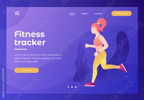 Header for website with picture of athletic girl on run with tracker. Cardio exercises. Fitness and workout on outdoors. Concept of healthy lifestyle. Design for landing page. Vector illustration.