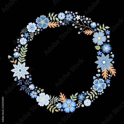 Summer floral vector round frame with cute blue flowers. Beautiful wreath isolated on black background. Vector composition.