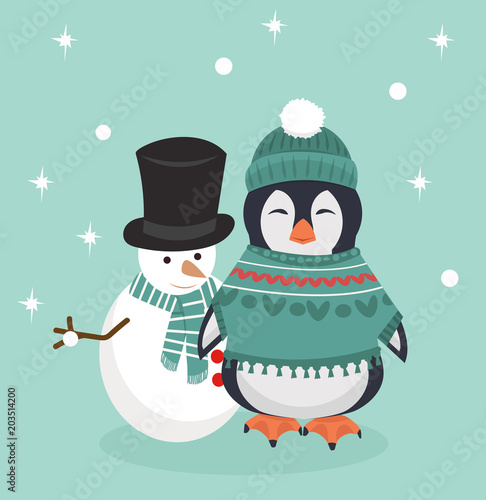 Penguin in winter clothes with Snowman