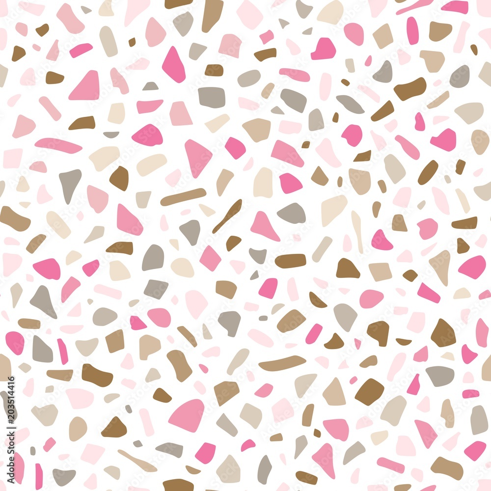 Seamless abstract pattern in terrazzo style. Pink, grey and brown elements on white background in vector. Seamless abstract pattern in terrazzo style. Pink, grey and brown elements on white background in vector.