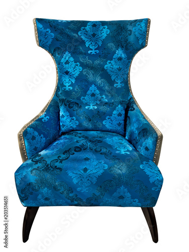 Blue classical vintage style armchair with coach-type screed capitone isolated on white background photo