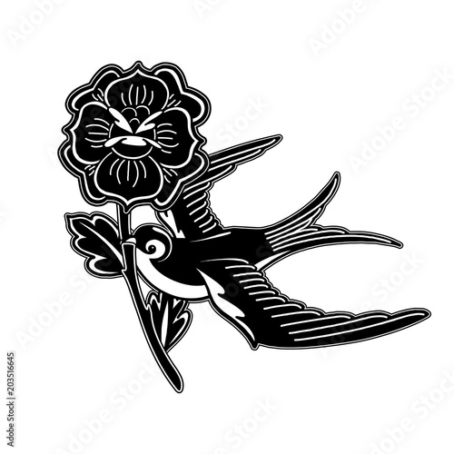 Graphic swallow carrying flower