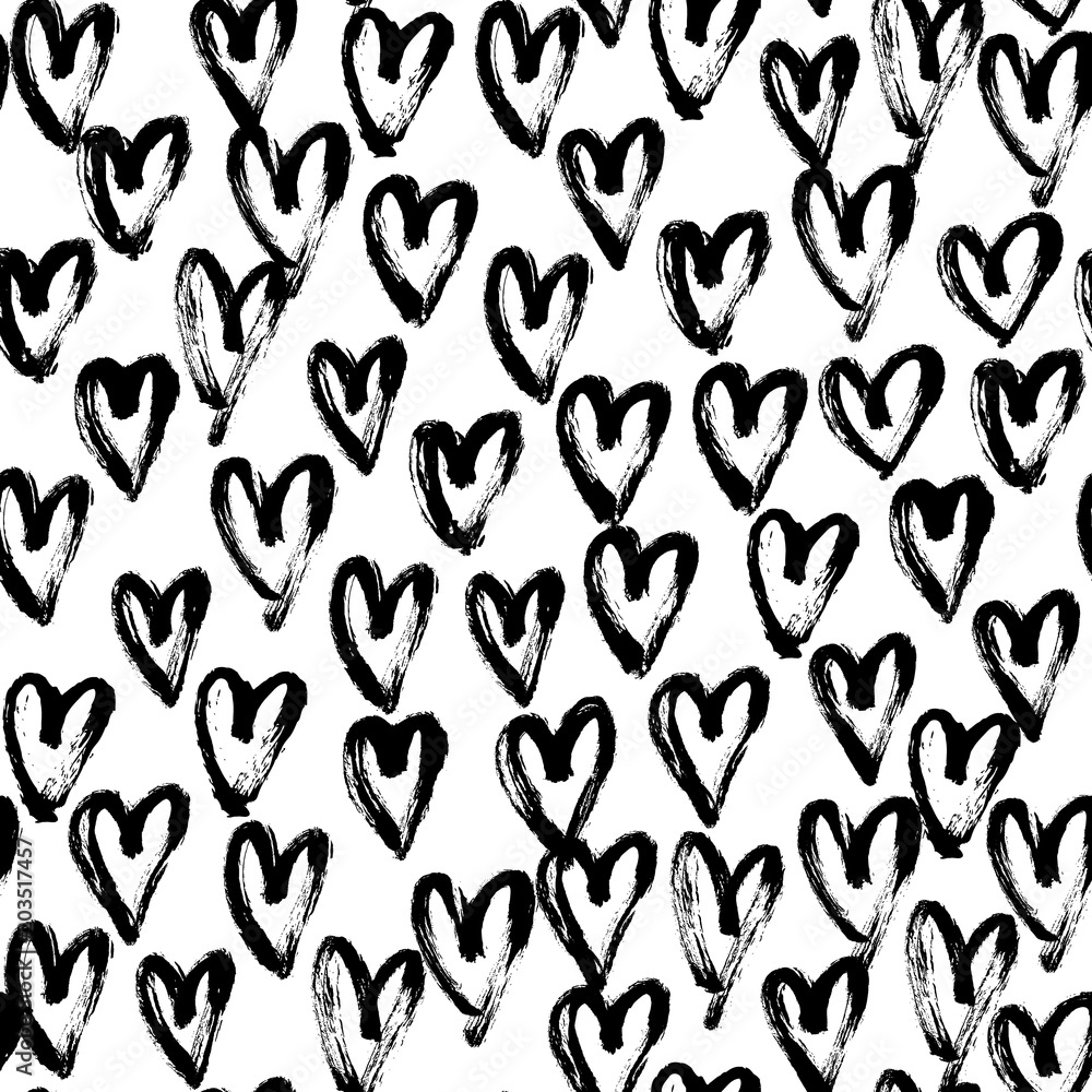 Seamless artistic abstract heart pattern. Hand drawn repeatable creative background. Paint stain grunge design from painted texture. Black and white brush strokes drawing. Seamless artistic abstract heart pattern. Hand drawn repeatable creative background. Paint stain grunge design from painted texture. Black and white brush strokes drawing.
