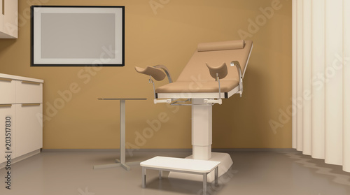 Colposcope and gynecologicalchair in medical centre. 3D rendering.. Empty paintings