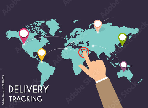 Male hand pointing on map. Delivery tracking. Vector modern flat creative info graphics design on  application.