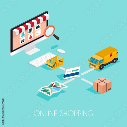 Online shopping. Isometric e-commerce, electronic business, payment, delivery, shipping process infographic concept vector.