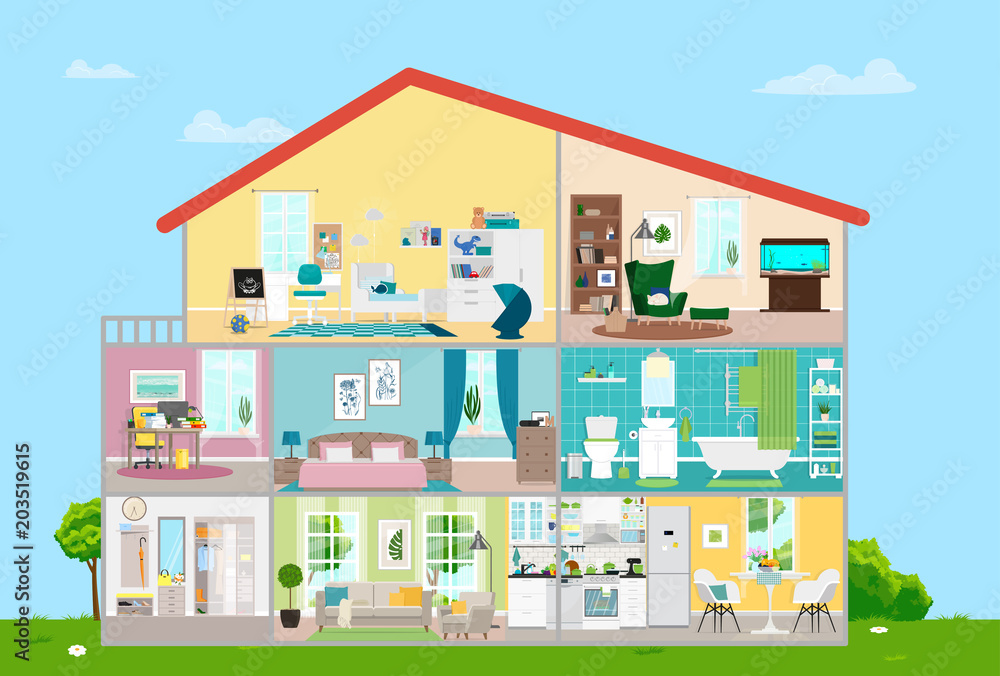 House with furnishings. Eight rooms with furniture. Vector flat illustration.