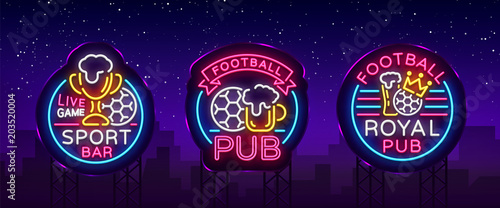 Sports bar collection of logos in neon style. Set neon signs, soccer fan club, light banner label beer and soccer ball or bowl for live gaming tournaments or championships team. Vector. Billboard