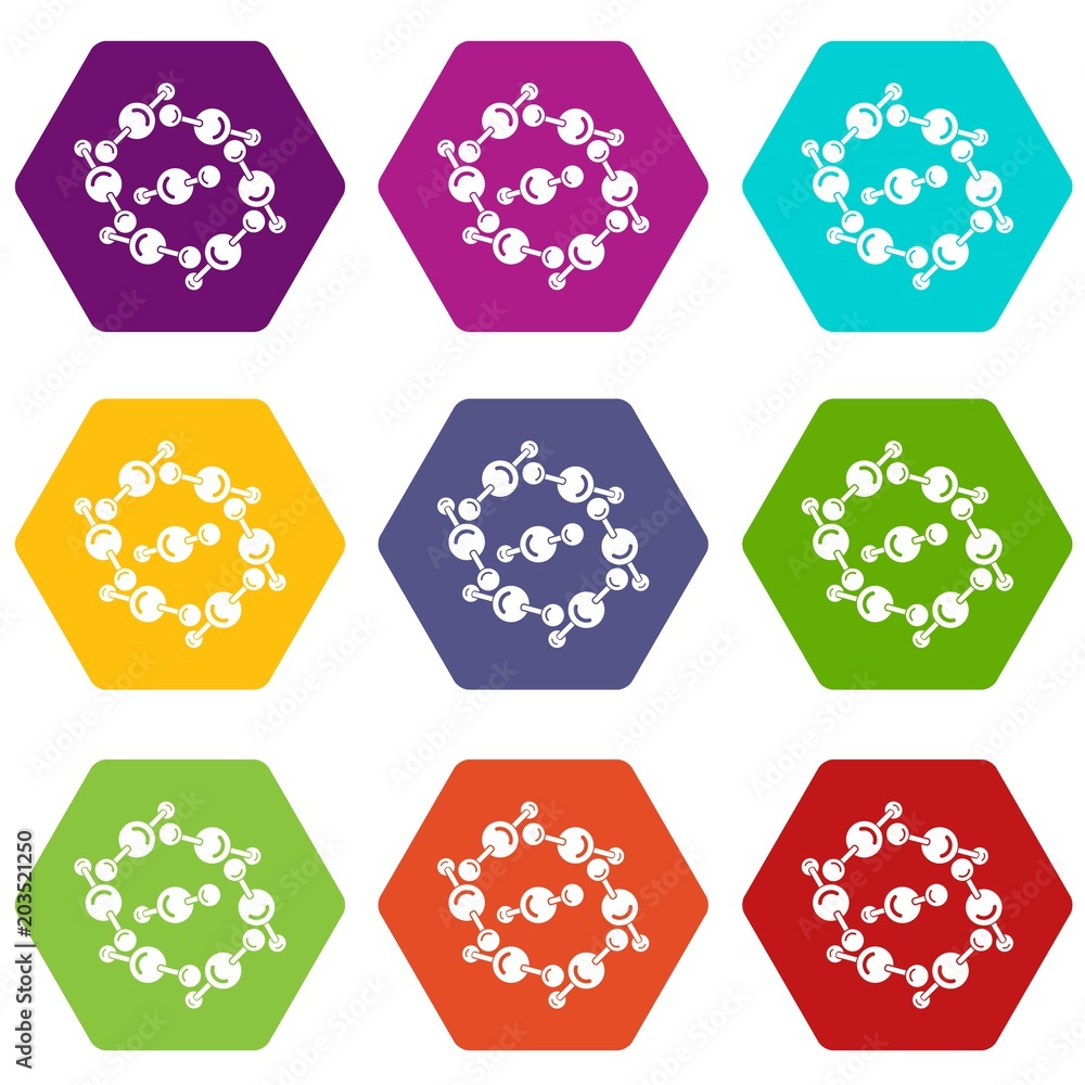 Molecule design icons 9 set coloful isolated on white for web Molecule design icons 9 set coloful isolated on white for web