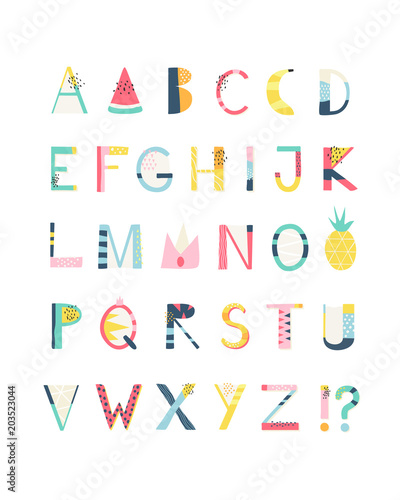 Colorful and fun summer alphabet letters vector font. Cute clean hand drawn abc font for your design.