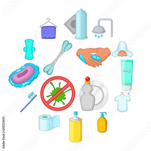 Hygiene icons set. Cartoon illustration of 16 hygiene items vector icons for web