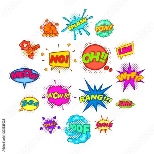 Comic sound cloud icons set. Cartoon illustration of 16 comic sound cloud vector icons for web
