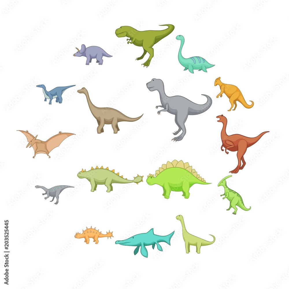 Naklejka Zestaw ikon różnych dinozaurów. Ilustracja kreskówka 16 ikon wektorowych różnych dinozaurów dla sieci web
