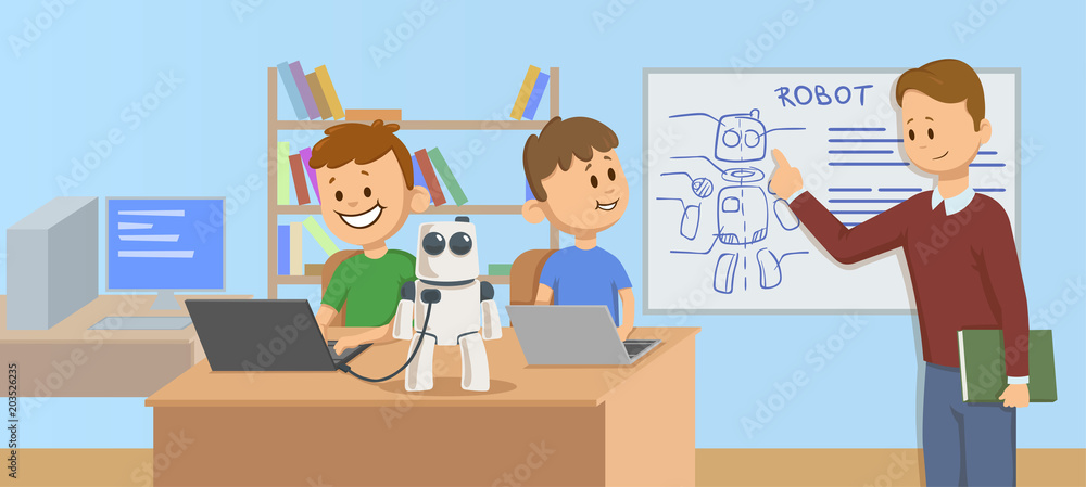Happy kids in classroom studying robotics, science. Teacher explaining robot  mechanics to the students in front of a robot scheme. Cartoon vector  illustration. Flat style. Horizontal. Stock Vector | Adobe Stock
