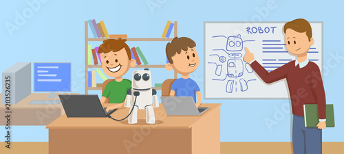 Happy kids in classroom studying robotics, science. Teacher explaining robot mechanics to the students in front of a robot scheme. Cartoon vector illustration. Flat style. Horizontal.