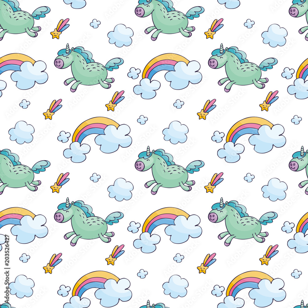 Fototapeta premium Children's seamless pattern with cute unicorns in doodle style. Colorful vector background.