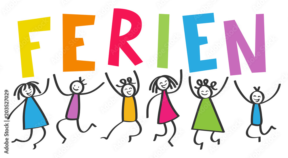 Kinder springen hoch mit bunten Buchstaben FERIEN, Schulferien, Freude, Strichmännchen 素材庫向量圖