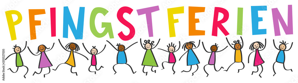 Multikulti Kinder springen hoch mit bunten Buchstaben PFINGSTFERIEN ...