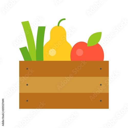 Fresh fruits and vegetable in wooden crate, flat icon