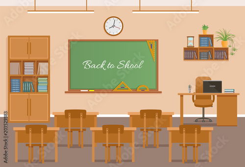 School classroom with chalkboard, student desks clock and teacher's desk. School class room interior design.