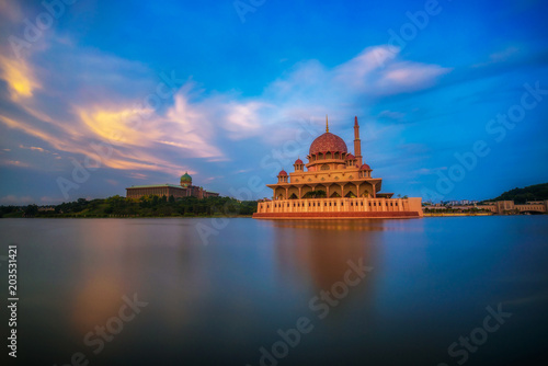 Sunset at Putra Mosque and Putrajaya Lake in Malaysia