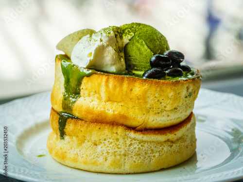 Thick Japanese pancake with Matcha ice-cream topping
