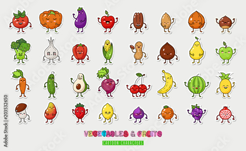 Big fruts and vegetable nuts set. Happy food characters. Food sticker set