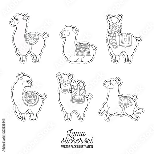 Funny lama adult illustration. Patches lama character vector doodle illustration.