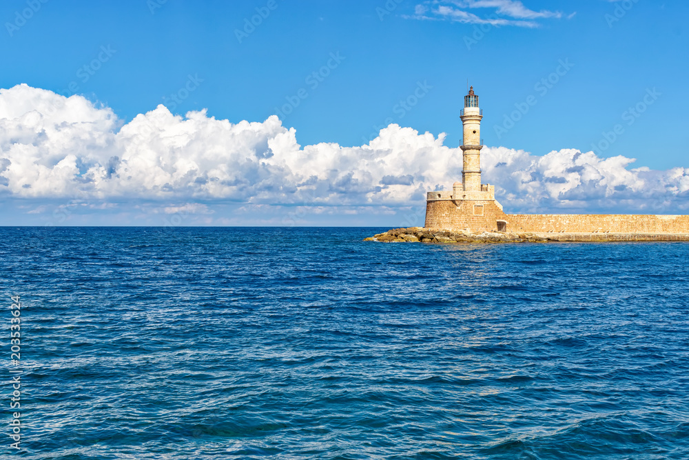 Lighthouse in the Old Venetian Harbour in Chania . Crete. Greece.